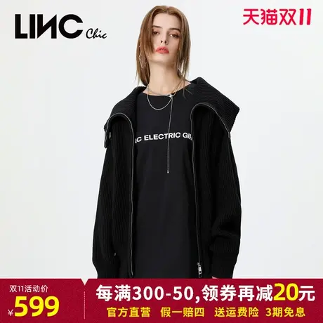 商场同款LINC金羽杰2023秋季新款复古大翻领廓形披挂针织开衫女商品大图