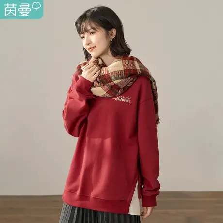 【商场同款】茵曼冬女装新款下摆假两件拼接圆领落肩长袖卫衣图片