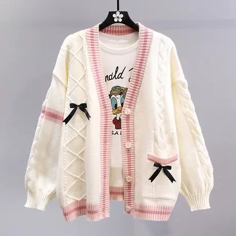 日系蝴蝶结毛衣外套女秋冬2023新款宽松慵懒风设计感减龄针织开衫图片