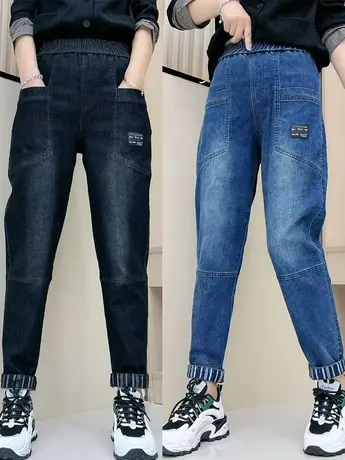 牛仔裤女2023秋冬新款弹力高腰宽松显瘦休闲百搭加绒老爹哈伦裤子商品大图