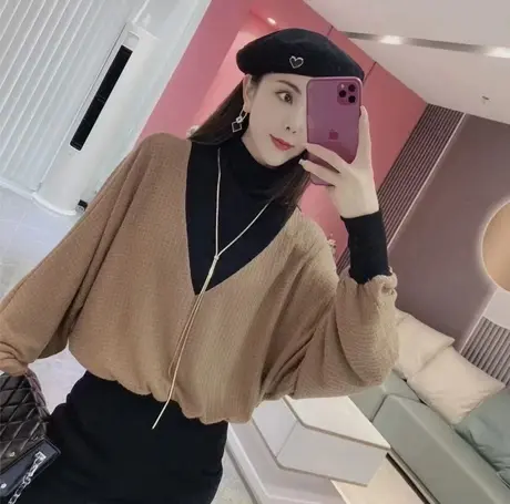 半高领打底衬衫女长袖秋季新款拼接假两件卫衣时尚蝙蝠袖洋气上衣商品大图