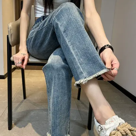 浅色直筒牛仔裤女毛边2023年秋冬新款高腰宽松显瘦ins九分烟管裤商品大图