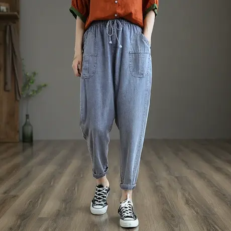 dza 文艺复古高腰显瘦牛仔裤子女士宽松哈伦裤夏季新款休闲裤薄款商品大图