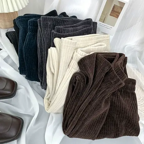 高腰显瘦百搭条纹水貂绒直筒阔腿裤女春秋宽松垂感拖地休闲长裤子图片