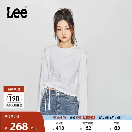 Lee商场同款25春夏新品舒适版圆领金属Logo抽绳设计白色女长袖T恤图片