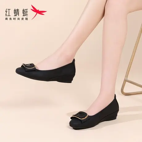红蜻蜓女鞋2024新款夏季坡跟软底内增高一脚蹬懒人单鞋女真皮夏天图片