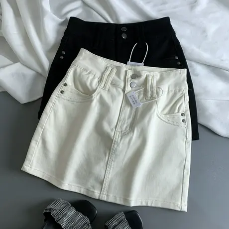 两粒扣弹力高腰牛仔短裙女美式春装新款修身显瘦防走光A字半身裙图片