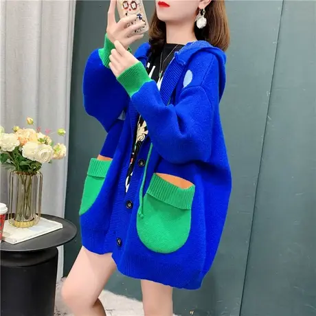 潮牌2022春季新款女装减龄撞色针织开衫宽松连帽新年红色毛衣外套商品大图