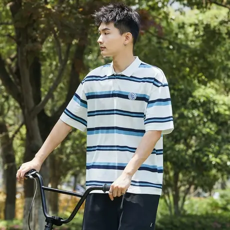 唐狮夏季新款短袖polo衫男有条纹带翻领t恤白色商务休闲上衣商品大图