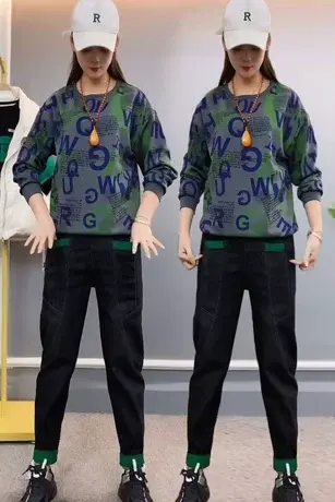 秋装女士卫衣女老爹裤两件套2023新款圆领减龄春秋薄款上衣套装潮商品大图