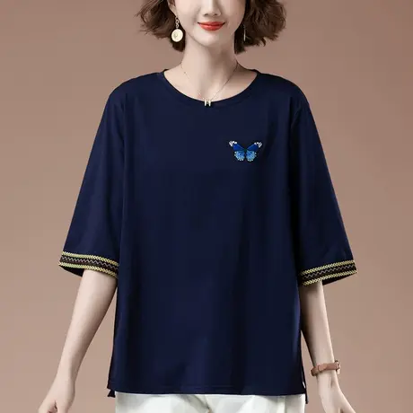加肥加大码短袖t恤女春夏七分袖宽松中年妈妈纯棉休闲中袖体恤女商品大图