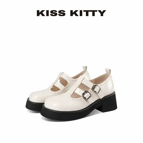 KISSKITTY玛丽珍鞋女鞋复古白色粗跟小皮鞋单鞋增高通勤乐福鞋商品大图