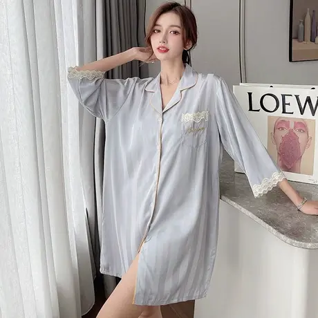 浪莎冰丝睡裙女春秋性感男友风衬衫睡衣学生夏季宽松家居服可外穿商品大图