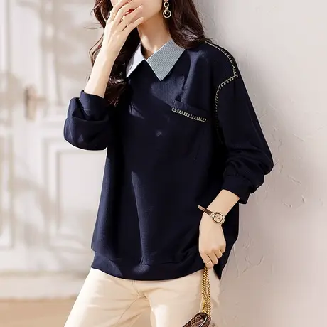 翻领卫衣女春秋季新款宽松加肥大码女装胖mm休闲洋气减龄显瘦上衣商品大图