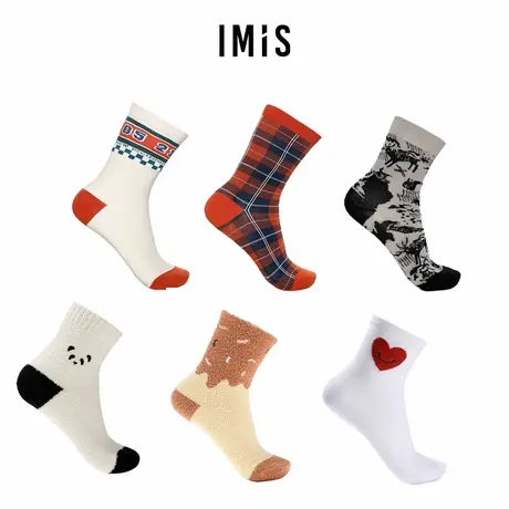 【袜子多件多折】爱美丽商场同款棉感透气格纹中高筒袜子女秋新款商品大图