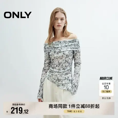 ONLY2025夏季新款性感一字肩个性晕染印花长袖弹力捏褶修身T恤女图片