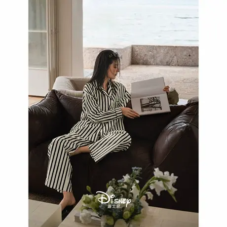 迪士尼睡衣女春秋韩系简约条纹开衫套装可外穿莫代尔棉长袖家居服商品大图