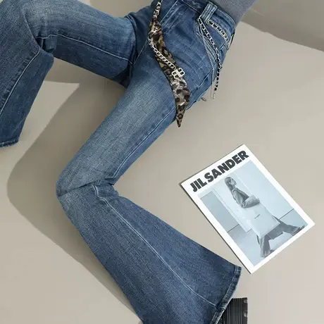 复古链条微喇牛仔裤女春秋新款高腰弹力修身显瘦垂感拖地喇叭裤子商品大图