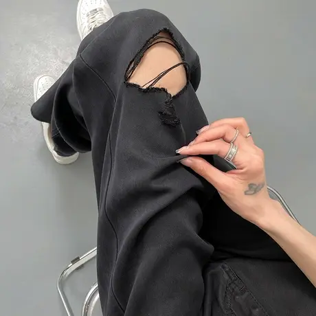 黑色破洞阔腿牛仔裤女2023年春夏薄款高腰垂感宽松显瘦天丝直筒裤商品大图
