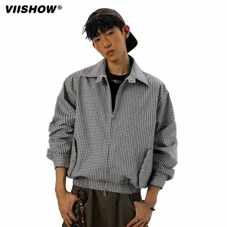 VIISHOW美式复古miu系格子哈灵顿夹克男女老钱风宽松百搭拉链外套商品大图