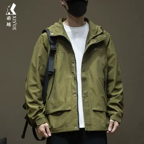 希越户外防水夹克男生军绿色2023秋大码宽松连帽冲锋衣拉链外套潮商品大图