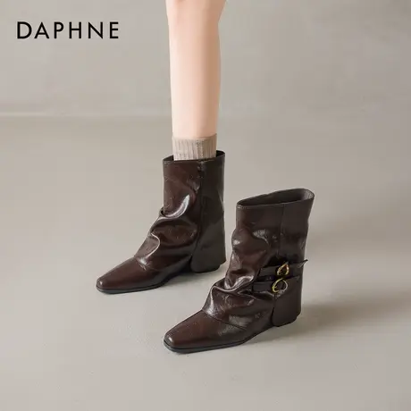 达芙妮棕色短靴子女2026新款秋冬季加绒美拉德内增高骑士马丁靴子图片