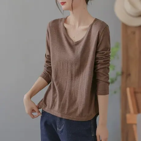 dza复古设计感宽松V领针织衫女士春秋休闲内搭上衣宽松毛衣打底衫商品大图