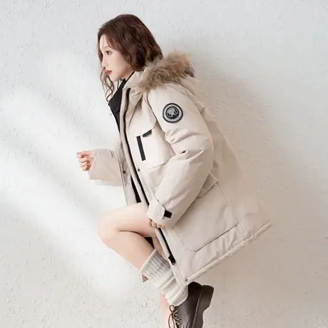 唐狮连帽毛领工装羽绒服女新款冬季派克服90绒羽绒保暖外套qlTD图片