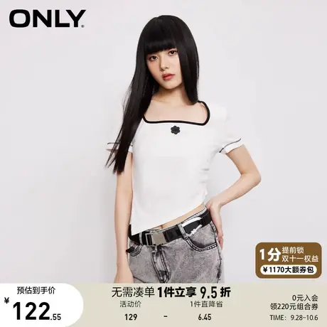 【买5免1】ONLY奥莱2023夏季新款时尚百搭U领不规则修身短款T恤女商品大图
