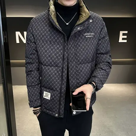 立领羽绒服男冬季小众撞色满印高级感加厚保暖潮牌痞帅白鸭绒外套图片