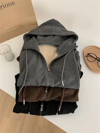 简约韩版双面磨毛连帽开衫女秋冬新款小个子拉链卫衣宽松休闲外套图片