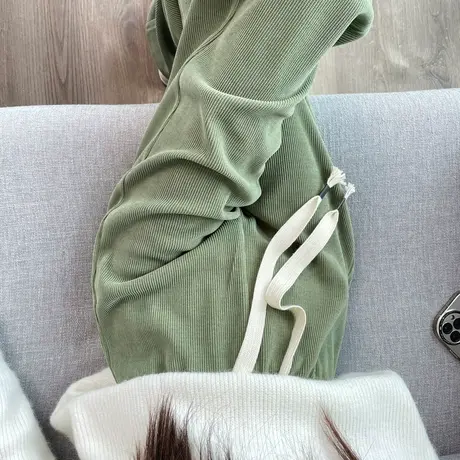 雪尼尔裤子新款爆款2023秋冬天休闲裤糯米裤绿色直筒阔腿裤条绒裤商品大图