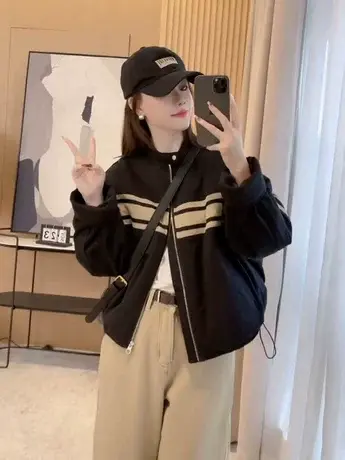 2023冬新款撞色拼接宽松显瘦短款羽绒服外套女白鸭绒保暖工装上衣商品大图