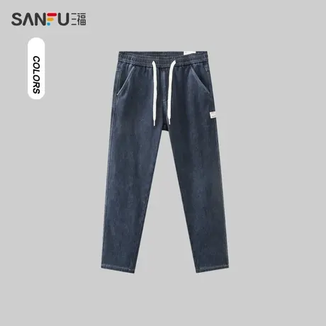 三福2023冬男士加厚直筒牛仔裤 日系休闲织唛橡筋腰长裤478053图片