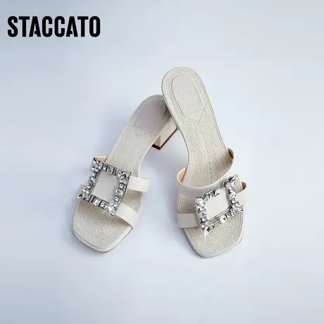 思加图新款休闲半拖鞋方头粗跟高跟凉拖女凉鞋子EBI20BT2商品大图