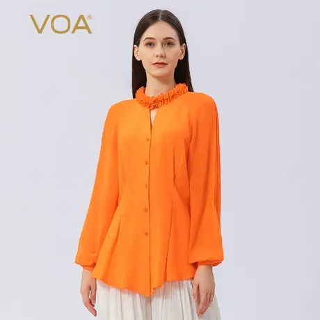 VOA真丝冠乐绉提花橙色立领木耳边塔克褶单排扣长袖桑蚕丝衬衫商品大图