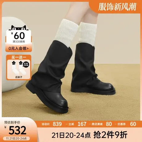 千百度西部堆堆靴冬季新款厚底高筒靴美拉德时装靴库管靴女鞋商品大图