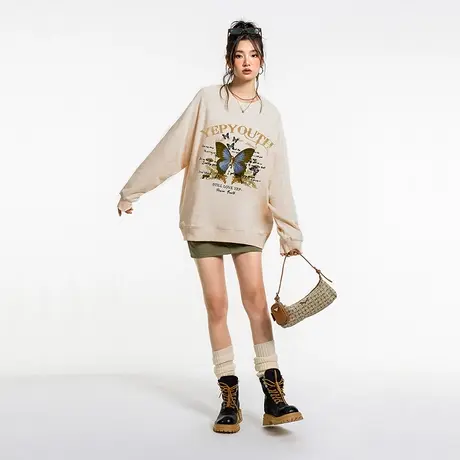 yep美式蝴蝶复古卫衣女春秋原创小众潮牌oversize设计感外套上衣商品大图
