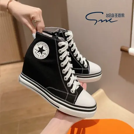 圣恩熙 高帮学生鞋女2024新款学院风圆头拉链内增高8cm坡跟休闲鞋商品大图