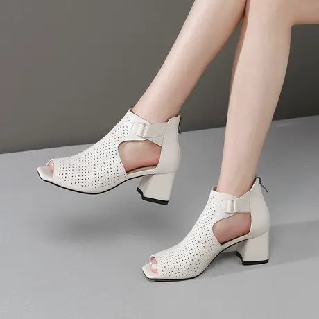 2023春季新款高跟鞋粗跟凉鞋女镂空凉靴百搭舒适鱼嘴鞋真皮洞洞鞋图片
