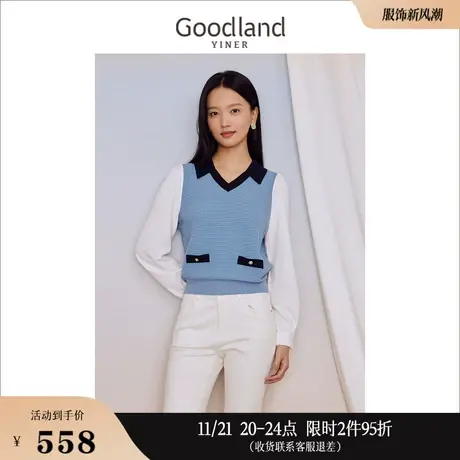 Goodland美地女装2023秋季经典撞色格纹提花含羊毛衬衫针织衫图片