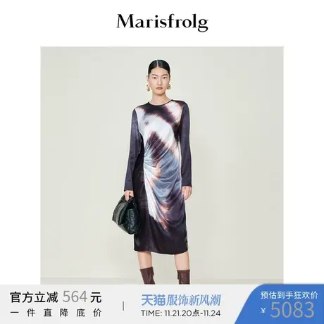 【花稿印花系列】玛丝菲尔冬季新款黑色别致撞色印花垂坠连衣裙图片