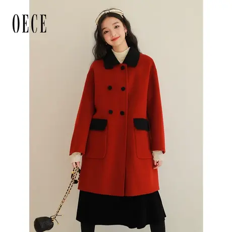 Oece高级感双面羊毛呢大衣冬季新款女装复古红呢子外套中长款商品大图