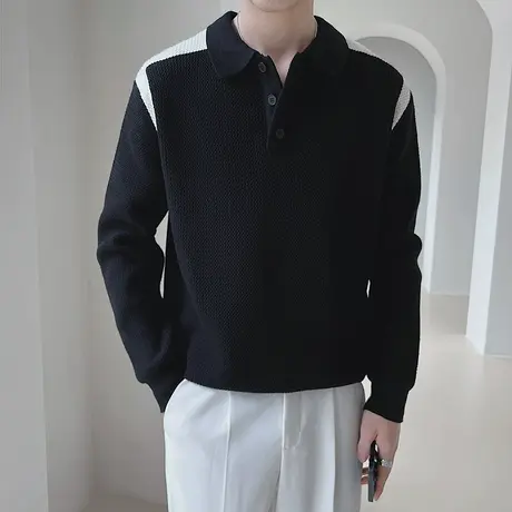 2023秋冬时尚拼接撞色POLO领针织衫男时尚轻熟风小众休闲毛衣上衣商品大图