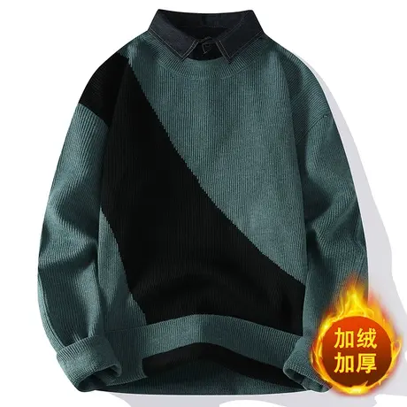 假两件针织衫男休闲加绒加厚有领毛衣男冬季新款宽松衬衫领衣服商品大图