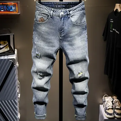 夏季浅色潮牌破洞牛仔裤男直筒宽松韩版潮流百搭日系复古做旧男裤商品大图