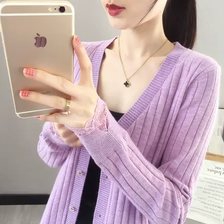 开衫女2023春装新款韩版宽松V领蕾丝袖拼接纯色针织衫外套上衣女商品大图
