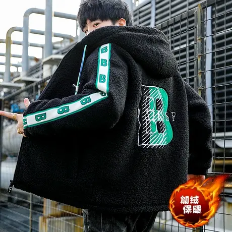 羊羔绒棉服外套男士冬季加绒加厚学生潮牌帅气颗粒绒连帽保暖棉衣图片