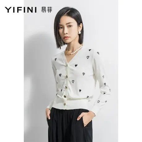 Yifini/易菲V领针织开衫女春秋新款宽松短款毛织外套爱心图案商品大图