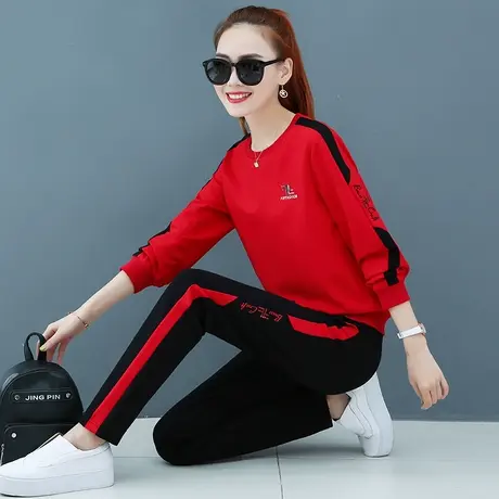 圆领休闲运动套装女春秋季时尚韩版红色宽松跑步卫衣跳操服两件套图片